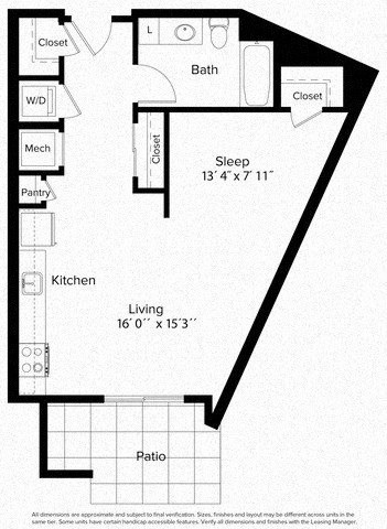 Floor plan for studio, 1 bath, 584 sqft